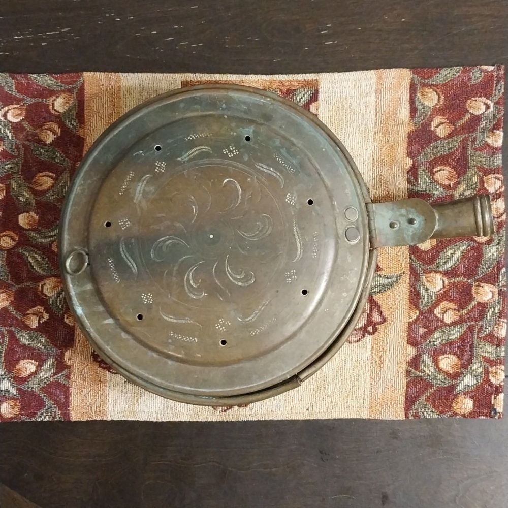 Antique-18-19th Century Copper and Brass Bed Warmer Pan Floral Etching(Pan Only)